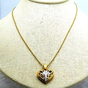 SILVER DIAMOND VERMEIL HEART CROSS PENDANT 18" ROPE GOLD CHAIN NECKLACE VINTAGE